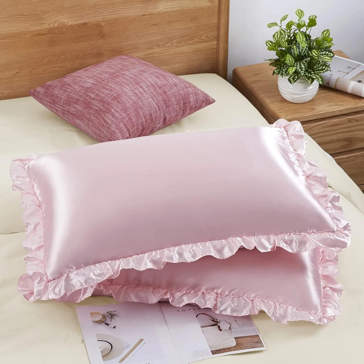 2 Stück Satin-Kissenbezüge mit Rüschen für Haare und Haut, einfarbige Seidenkissenbezüge mit Umschlagverschluss, Prinzessinnen-Raumdekoration Image