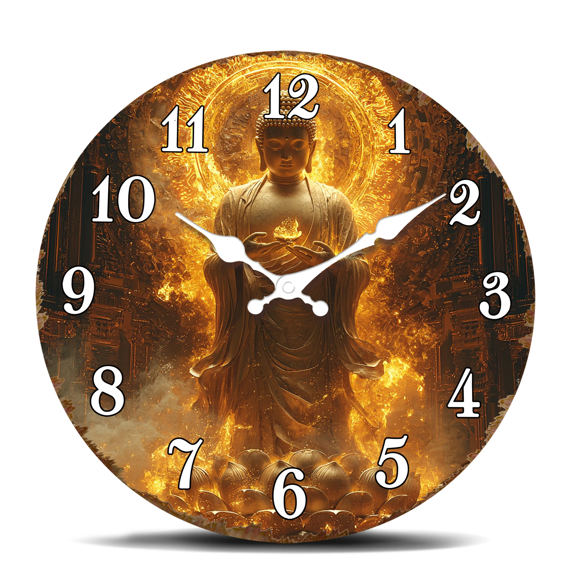 Goldene Buddha-Statue Wanduhr, Spirituelle Meditations-Dekorationsuhr mit Leuchtendem Hintergrund für Gelassenheitssuchende, Sakraler Wandbehang Image