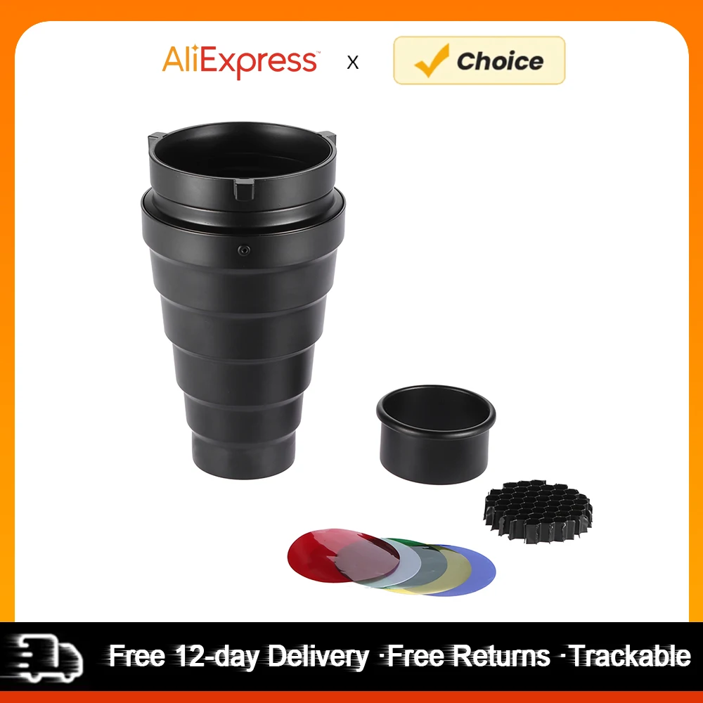 Konischer Snoot aus Metall mit Wabengitter, 5-teiliges Farbfilter-Set für Bowens Mount Studio Strobe Monolight Photography Flash Snoot Image