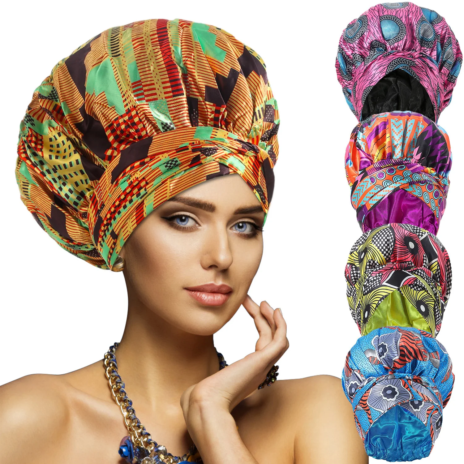 Afrikanisches Muster Satin-Schlafmütze für Frauen mit Langem Band, Doppellagiger Kopfwickel, Großes Format, Erwachsenen-Haarabdeckung Image