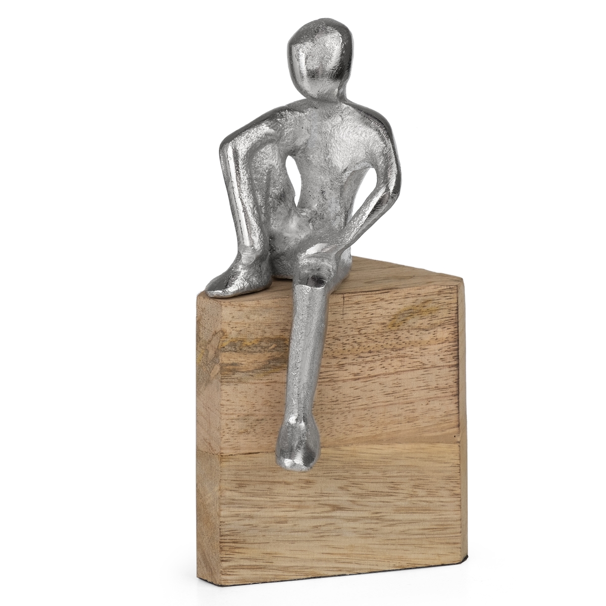 Moritz Moderne Dekofigur aus Aluminium auf Mangoholzsockel 9 x 8 x 17,5 cm - sitzende Figur mit herabhängendem Bein - stilvolle Skulptur im Industrie-Design Image