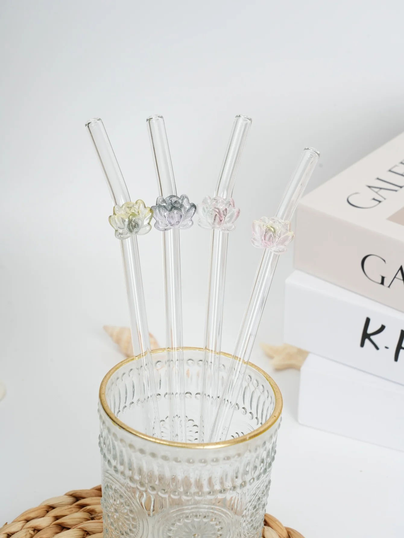 Elegantes Lotus-Glasstrohhalm, handgefertigt, orientalische Ästhetik, perfekt für Milchtee, Saft, Eiskaffee, Party-Datumsatmosphäre, Geschenkidee Image