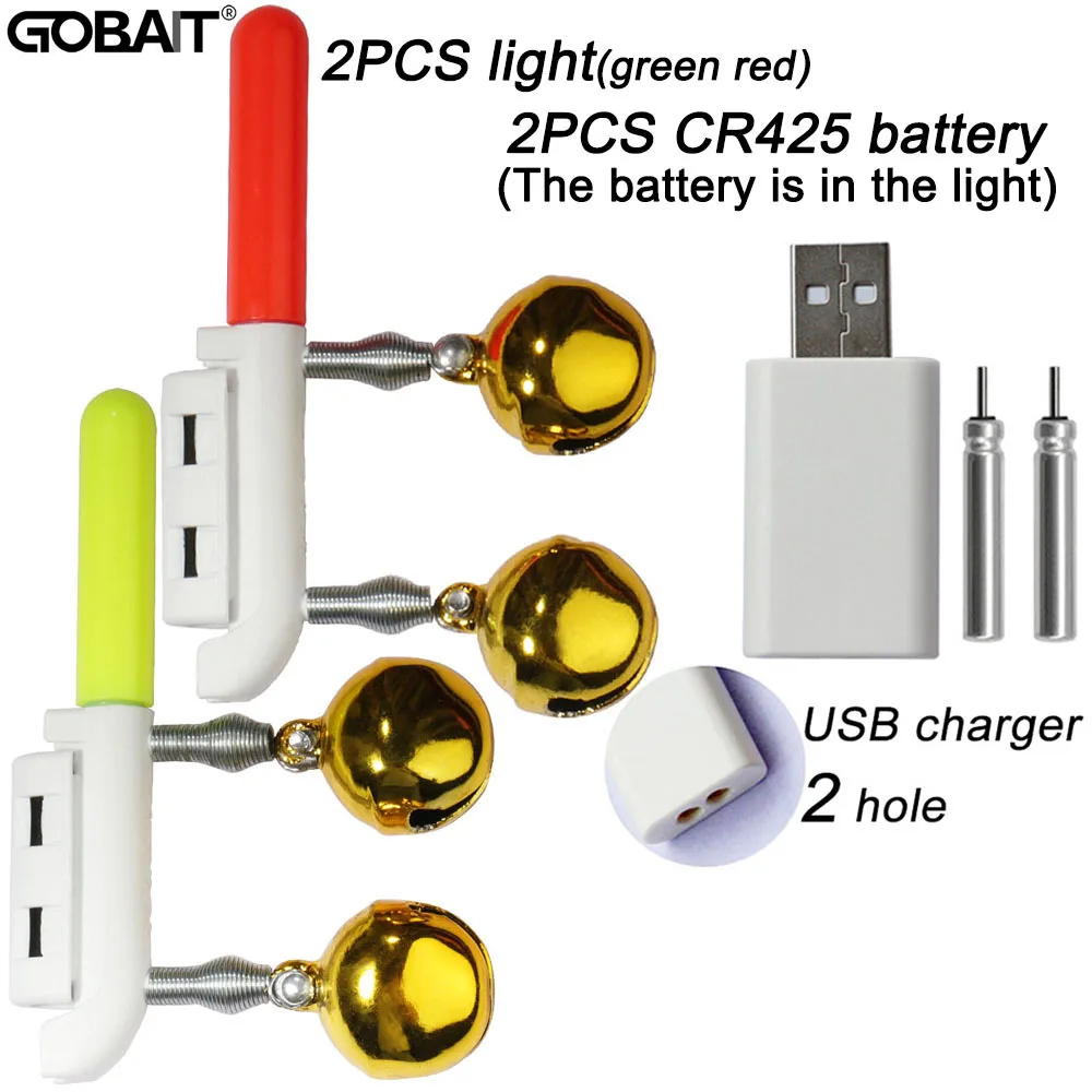 Doppelte Glocke Licht Fisch Biss Alarm USB Ladegerät CR425 3,6 V Batterie Lampe Helle Nacht Tool Kit Inducer Pesca Rod Tackle Flash LED Image