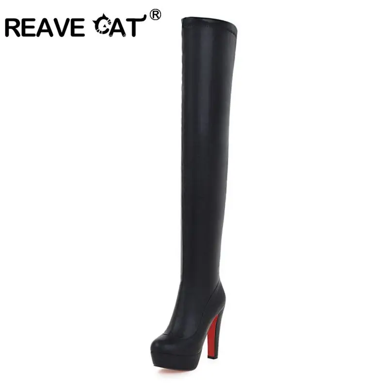 REAVE CAT Schuhe Sexy Plateau-Stiefel Überknie 13cm Blockabsatz Schwarze Stiefeletten Hohe Party-Club-Stiefel Große Größen 43 44 45 46 47 48