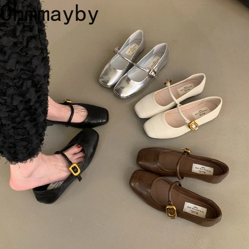 2026 neue Frühjahr Silbrig Frauen Mary Jane Schuhe Concise Schnalle Schuhe Komfort Damen Weiche Sohle Kleid Leder Wohnungen Schuhe