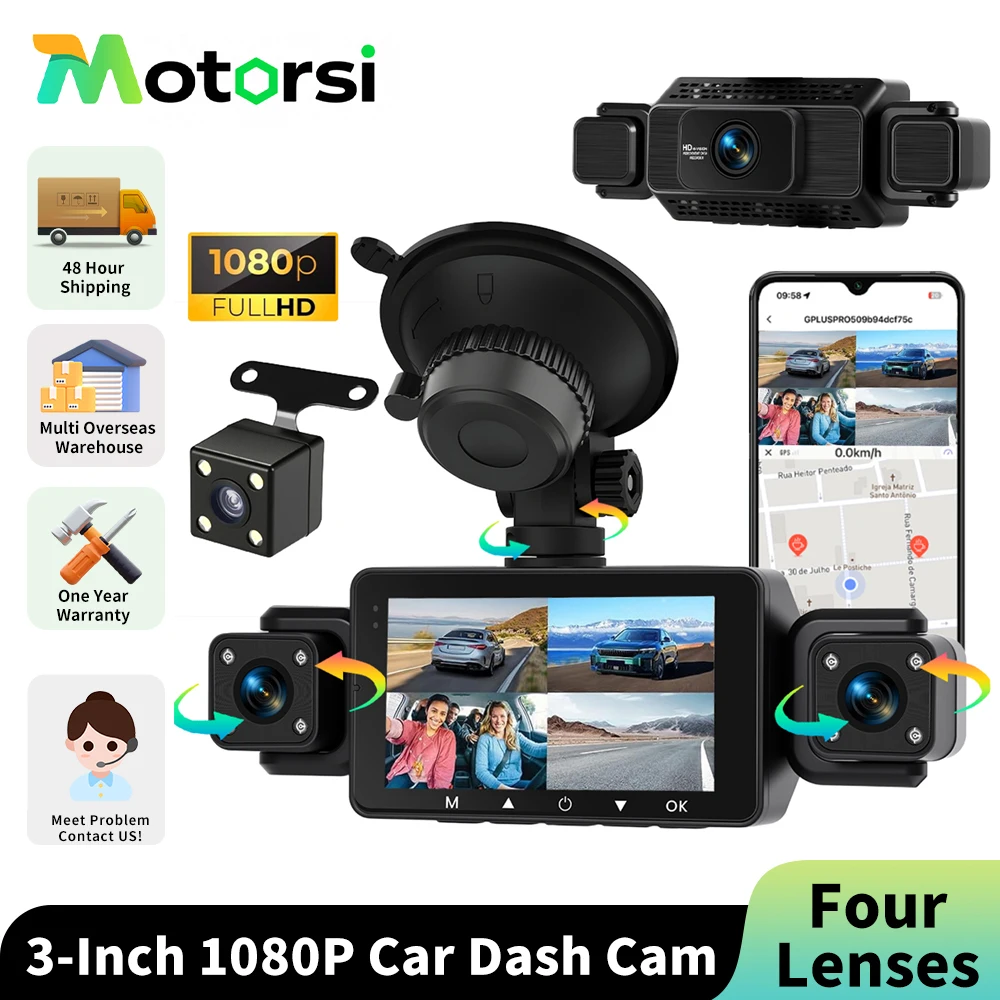 Motorsi 3-Zoll-Auto-Dashcam mit vier Linsen, WiFi-Fahrrekorder, Loop-Aufnahme, Nachtsicht, Einparkhilfe, Loop-Aufnahme Image
