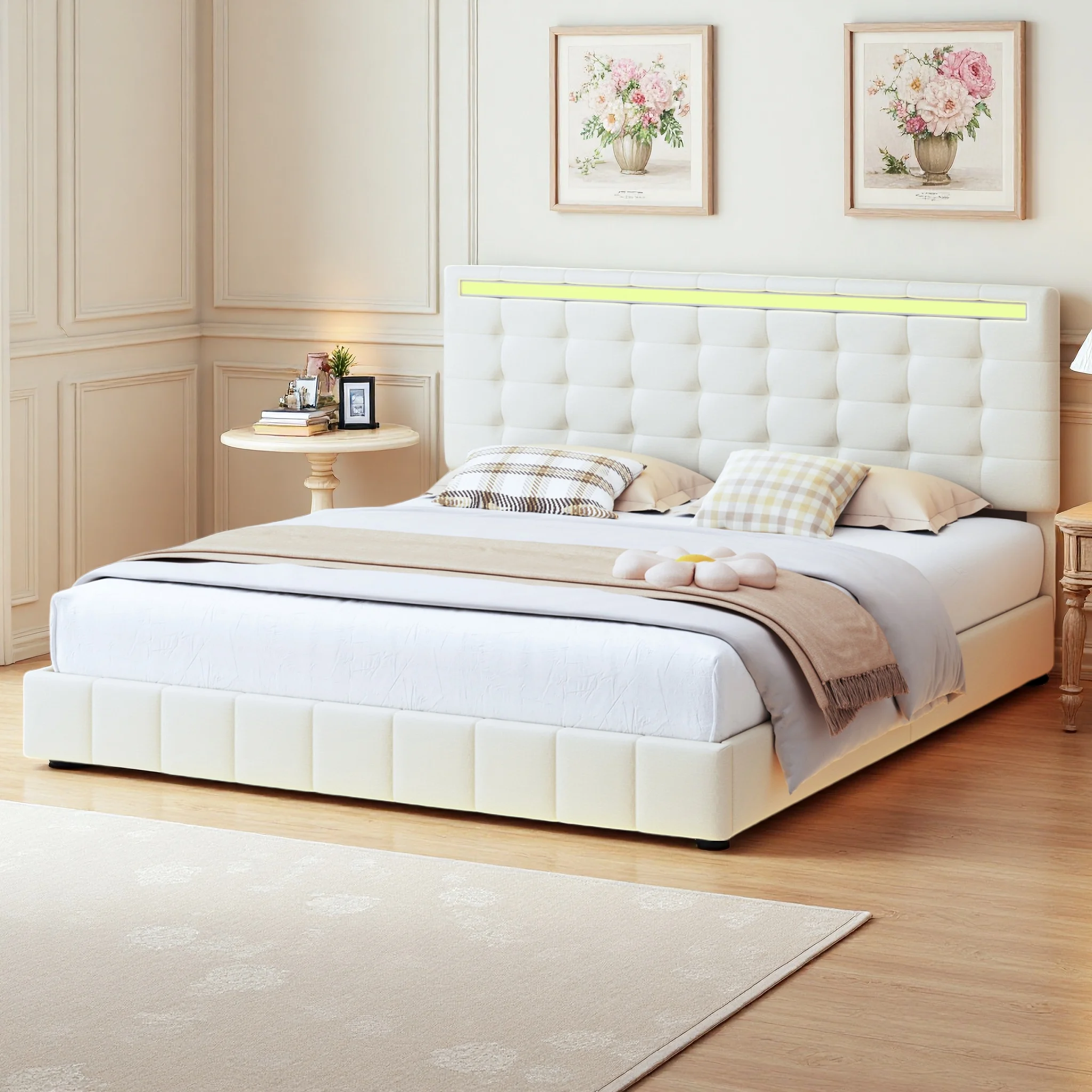 Polsterbett 160x200 cm mit verstellbarem Kopfteil, Doppelbett mit LED-Beleuchtung, Hängebett, Polsterbett mit USB-Anschluss, Kinderbett, Funktionsbett, Lattenrost, Leinen, beige