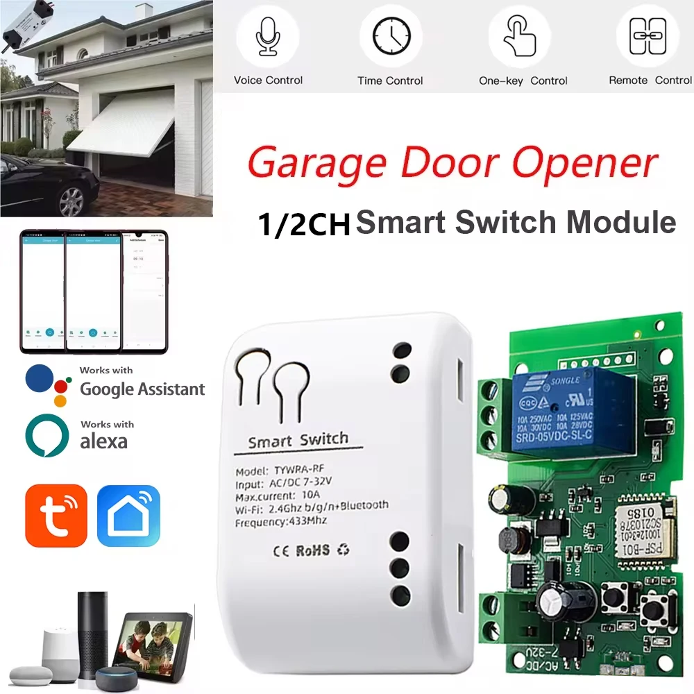 Tuya WIFI Smart Garage Tor Elektrische Tür Zugang Motor Schalter DC 12V 24V 32V AC 220V 1/2CH Puls Relais Modul RF433 Fernbedienung Alexa Image