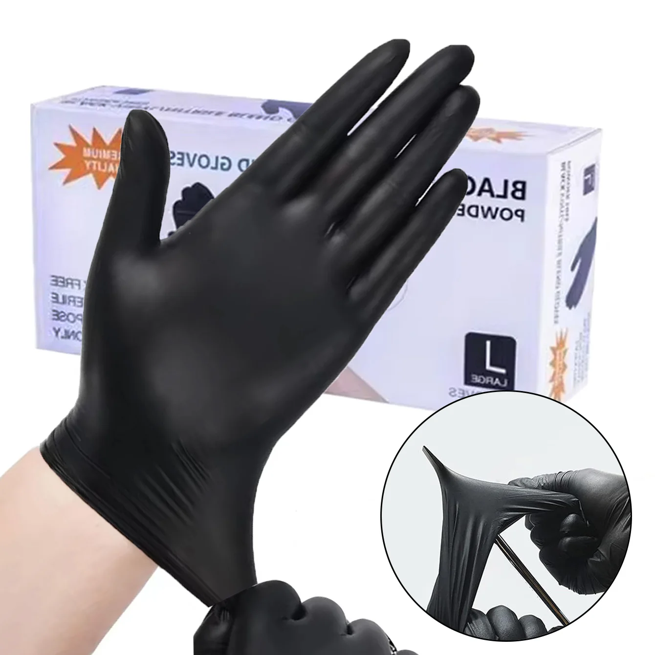 Schwarze Nitril-Einweghandschuhe, latexfrei, für Haushaltsreinigung, Küche, Kochen, Autoreparatur, Mechaniker, Tattoo, Haarfärbung, Schönheitshandschuhe Image