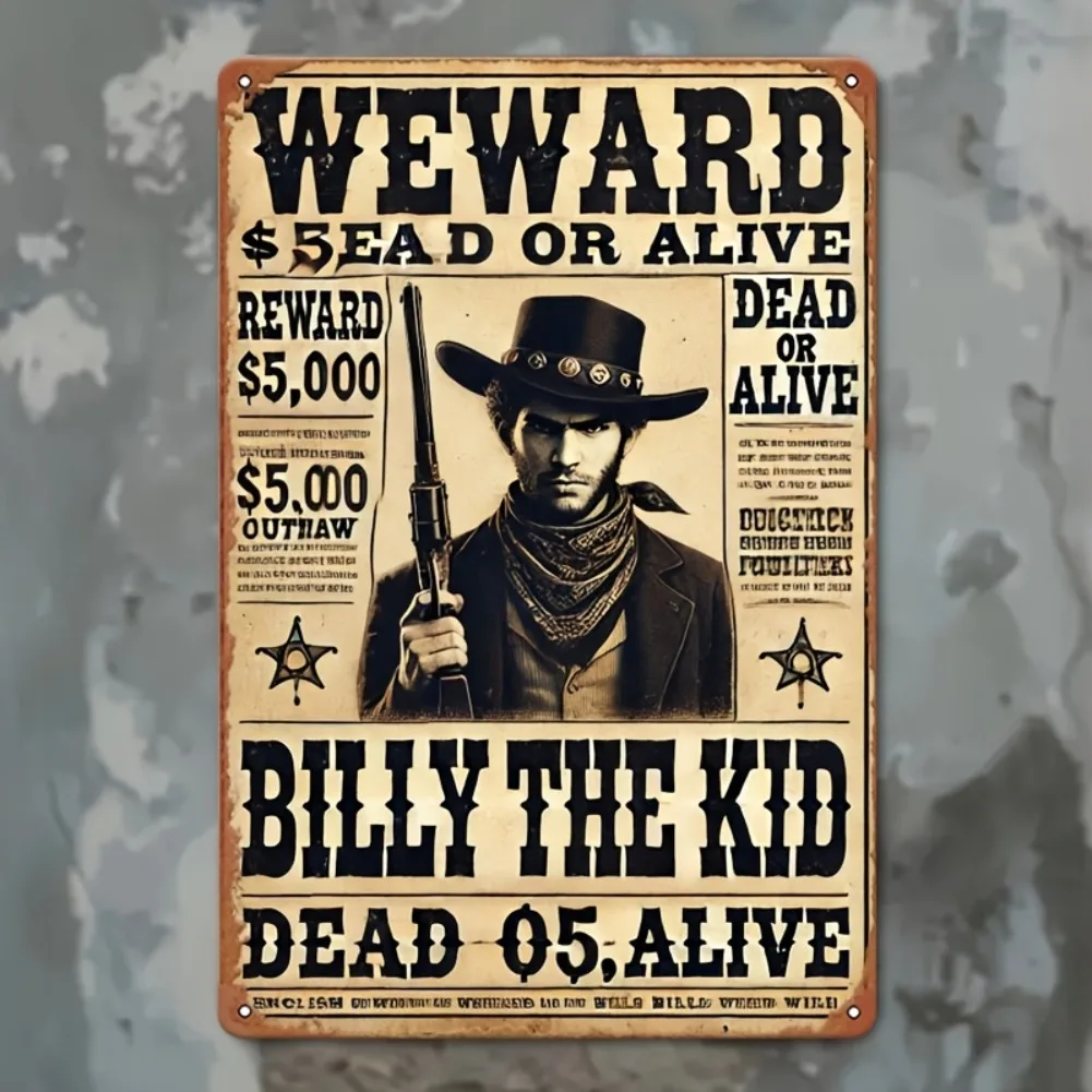 Vintage Billy the Outlaw „Wanted“ Metallposter – Belohnung, tot oder lebendig, Western-Themen-Wandkunst, Heimdekoration, Retro-Geschenk