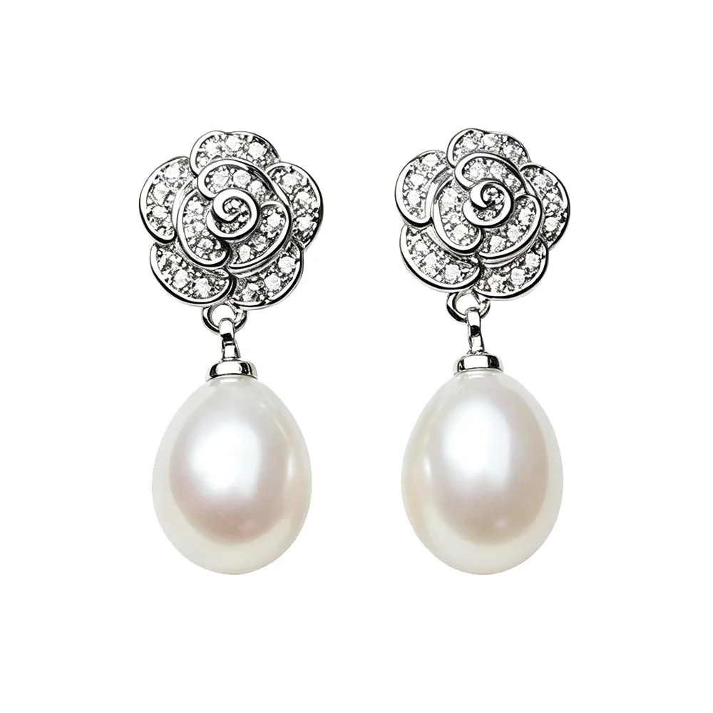 Hochwertige Original 925 Sterling Silber Perlenohrringe für Damen, Blumenförmige Kultivierte Natürliche Süßwasserperlen-Ohrringe in Weiß und Schwarz Image