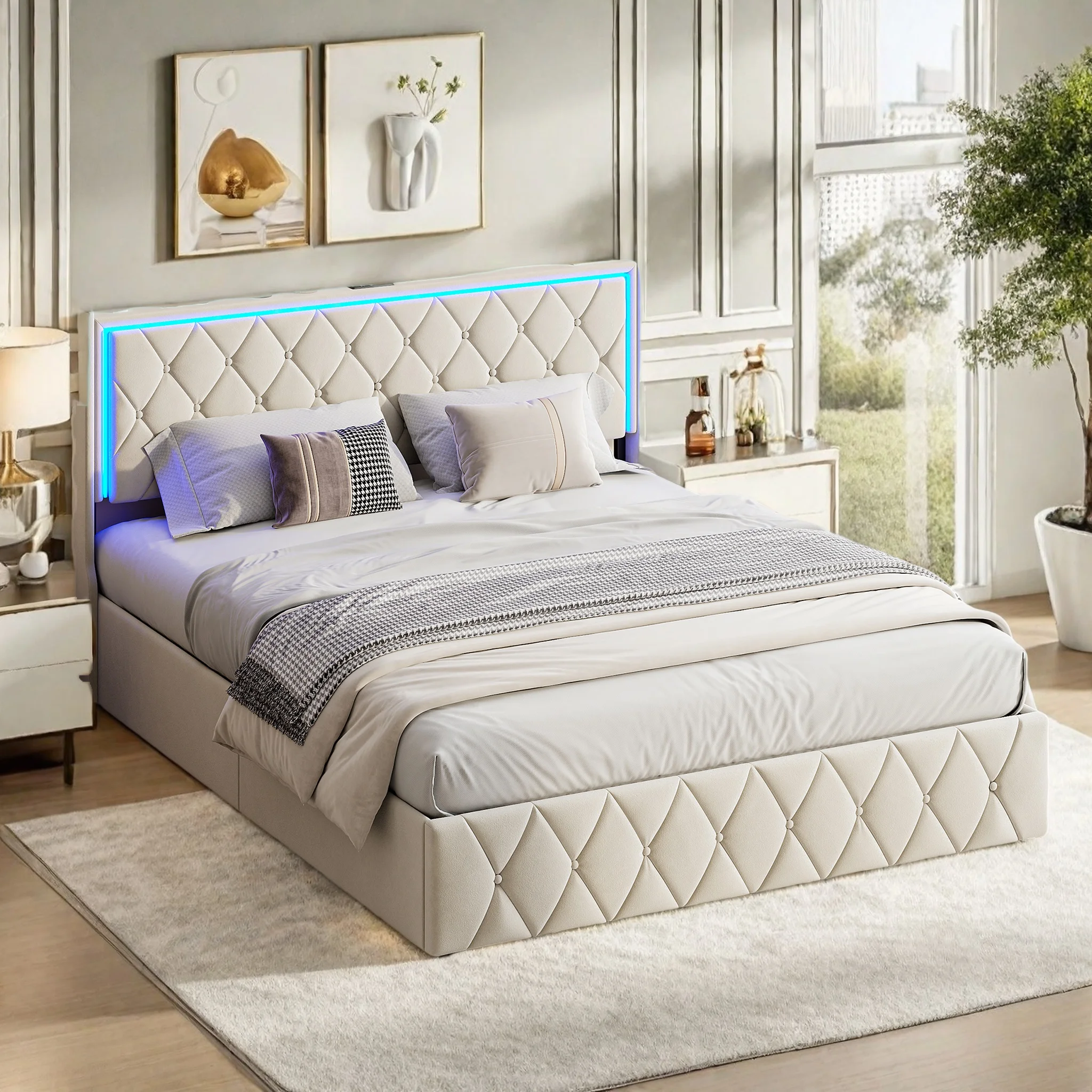 Bett 140 x 200 cm mit Bettkasten, Doppelbett mit Stauraum, Bett für Erwachsene, Truhe, mit LED, Ladefunktion und Kopfteil Image