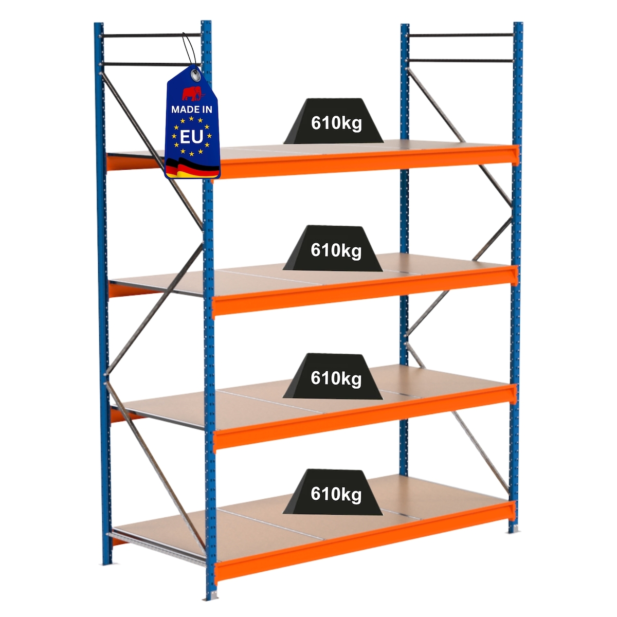 PROREGAL Industrie Schwerlastregal MAXIMUS PRO, Grundregal, HxBxT 300x225x100cm, 4 Ebenen, Spanplatten-Fachboden, Fachlast 610 kg, Blau/Orange Image