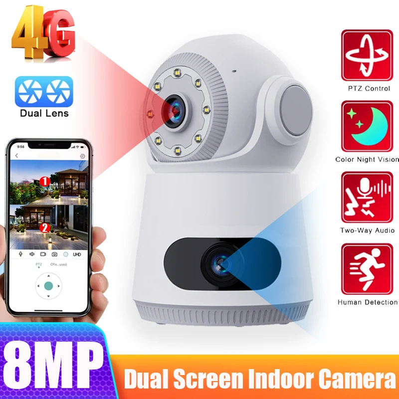 8MP 4K Dual Lens Kamera 4G SIM Karte Indoor Smart Home Webcam Farbe Nachtsicht Zwei-wege Audio Sicherheit schutz Überwachung Image