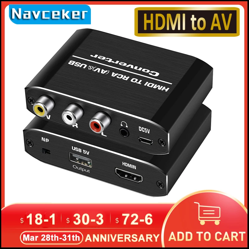 Navceker HDMI-kompatibel zu RCA Konverter AV/CVSB L/R Video Box HD 1080P 1920*1080 60Hz HDMI2AV Unterstützung NTSC PAL Ausgang HDMIToAV Image