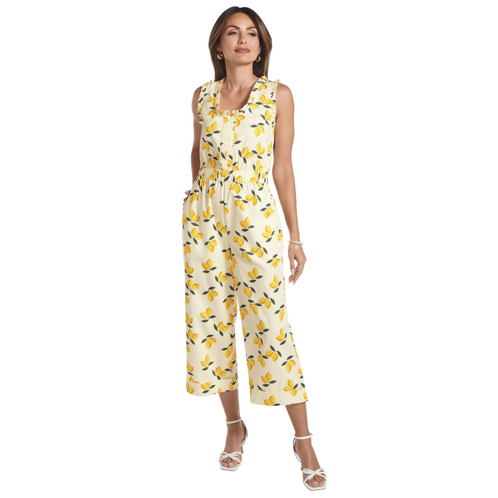 Masseys Ruffle Trim Denim Jumpsuit (Size 5X) Lemon, Cotton