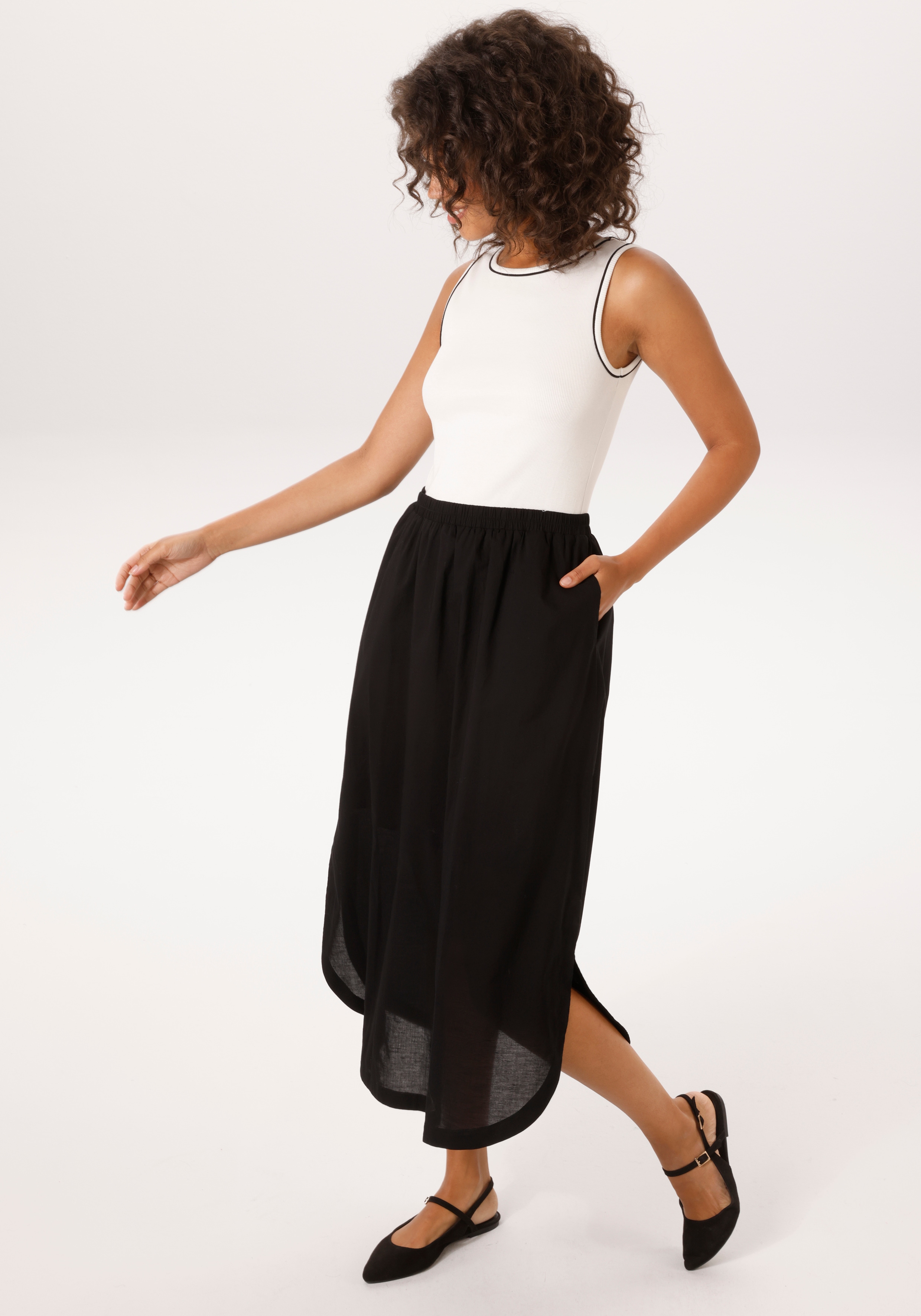 Sommerkleid ANISTON CASUAL, Damen, Gr. 42, N-Gr, schwarz, wollweiß, Rippware, Obermaterial: 95% Baumwolle, 5% Elasthan. Rock: 100% Baumwolle, colorblocking, figurbetont knöchelfrei, Rundhals, Kleider Sommerkleid, mit kontastfarbenen Pipings im...