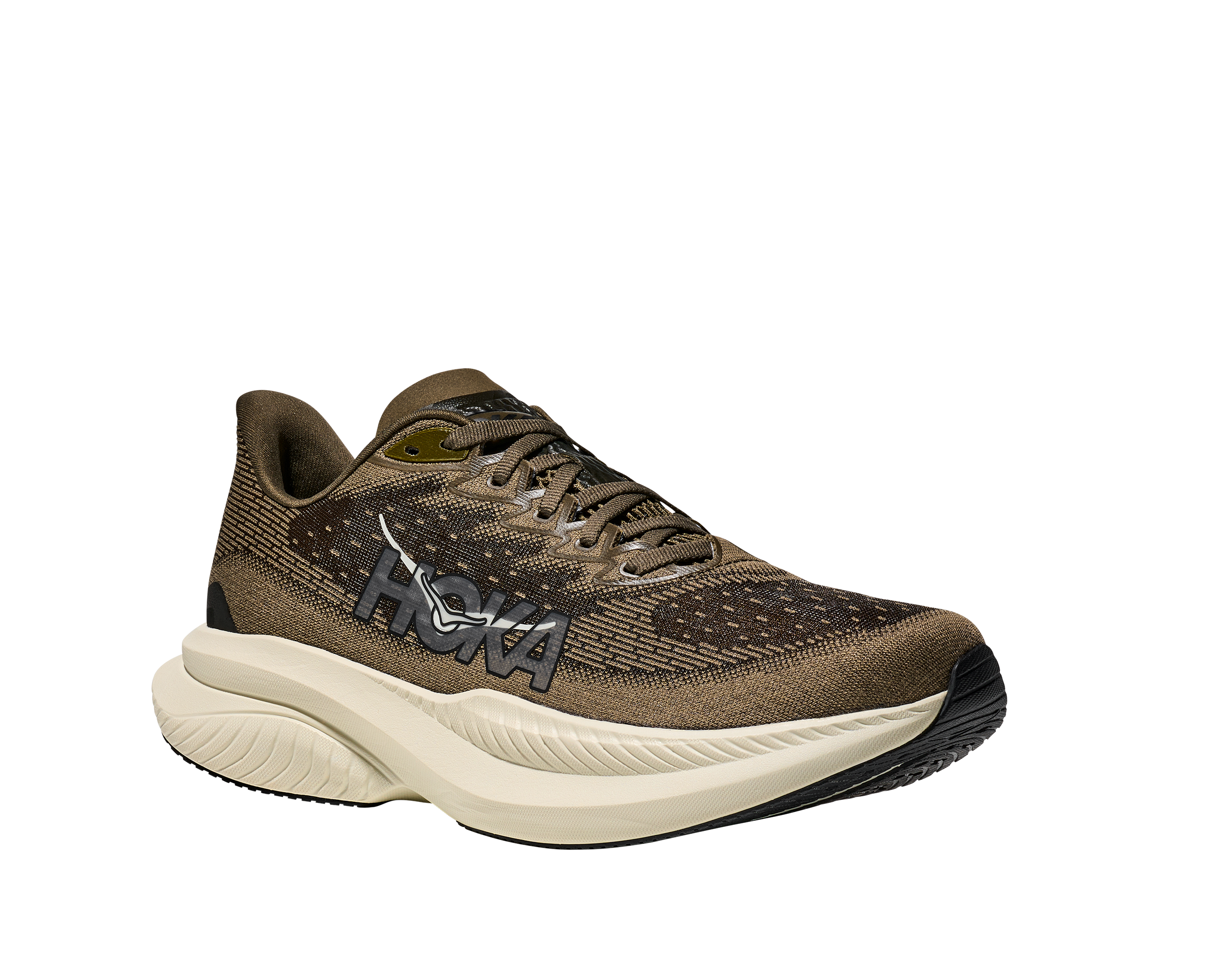 Laufschuh HOKA ONE ONE "MACH 6", Herren, Gr. 42, antique olive, truffle salt, Synthetik, Textil, mehrfarbig, Schuhe Laufschuh, mit Super-Critical-Foaming-Technologie