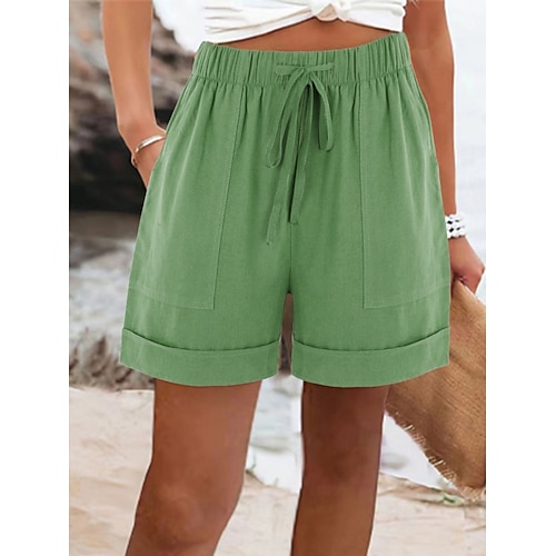 Damen Shorts aus Baumwollleinen Hose aus Baumwollleinen Chinos Shorts Basic Kurz Hohe Taille Einfach Tasche Elastischer Bund Bequem Weich Mikroelastisch Outdoor Straße Blau Schwarz Rosa Armeegrün Image