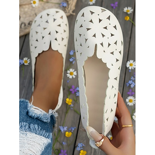 Weiße Damen-Slipper mit Cut-outs – atmungsaktives, lasergeschnittenes Design, leichte und bequeme Freizeitschuhe für Alltag, Spaziergänge, Reisen, Gartenarbeit und Sommerausflüge Image