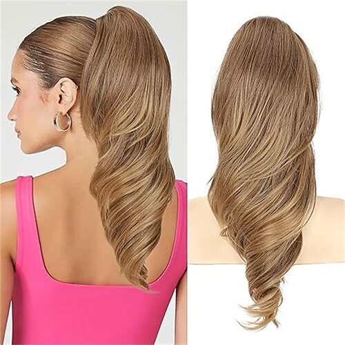 Haarverlängerung mit Haarclips, 45 cm (18 Zoll), braun-schwarz, gewellt und lockig, mit Haarclips, natürlich wirkender, künstlicher Pferdeschwanz, synthetisches Haarteil für Damen, 45 cm (18 Zoll) Image