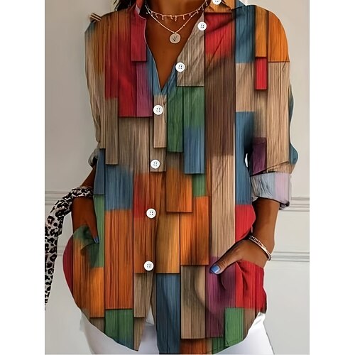 Damen Hemd Bluse Patchwork Knöpfe Druck Grafik Geometrisch Karomuster Vintage Tropisch Täglich Langarm Hemdkragen Normale Oberteile Täglich Blau Schwarz Weiß Gelb Rosa Sommer Frühling Image