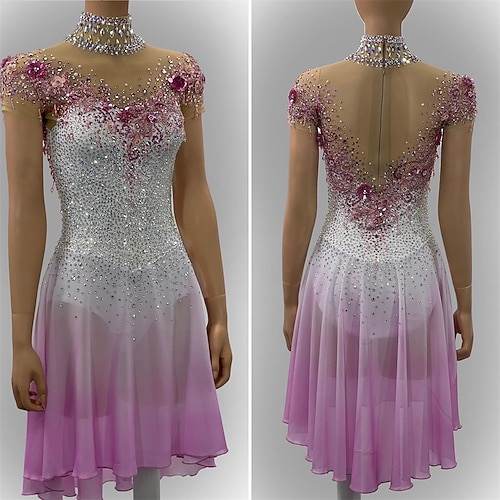Eiskunstlaufkleid Damen Eislaufen Kleid Rosa Patchwork Asymmetrischer Saum Dehnbar Training Wettbewerb Eiskunstlaufkleidung Klassisch Kristall / Strass Kurzarm Eislaufen Eiskundstlauf Image
