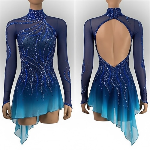 Eiskunstlaufkleid Damen Eislaufen Kleid Blau Patchwork Daumenloch Dehnbar Training Wettbewerb Eiskunstlaufkleidung Klassisch Kristall / Strass Langarm Eislaufen Eiskundstlauf Image