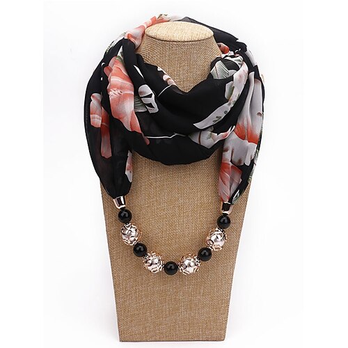 Boho-Chiffon-Schal mit Perlenanhänger, weicher, geblümter Polyester-Schal mit Perlenanhänger, leichtes Modeaccessoire für Damen, perfekt für Alltag, Urlaub und Reisen Image