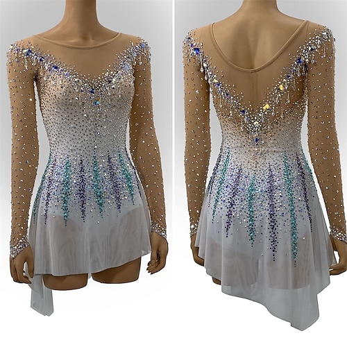 Eiskunstlaufkleid Damen Eislaufen Kleid Weiß Patchwork Offener Rücken Dehnbar Training Wettbewerb Eiskunstlaufkleidung Klassisch Kristall / Strass Langarm Eislaufen Eiskundstlauf Image