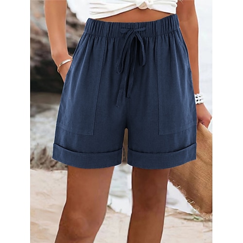 Damen Shorts aus Baumwollleinen Hose aus Baumwollleinen Chinos Shorts Basic Kurz Hohe Taille Einfach Tasche Elastischer Bund Bequem Weich Mikroelastisch Outdoor Straße Blau Schwarz Rosa Armeegrün Image