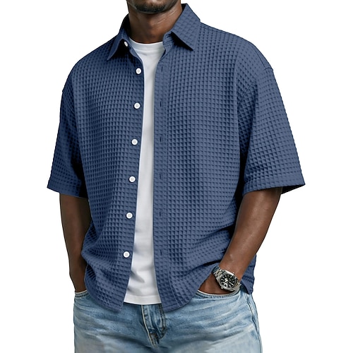 Herren Hemd Waffelhemd Textur Freizeithemd Knopfhemd Schwarz Weiß Hellgrün Burgunderrot Marineblau Kurzarm Einfach Hemdkragen Lässig Täglich Bekleidung Elegant Mode Lässig Image