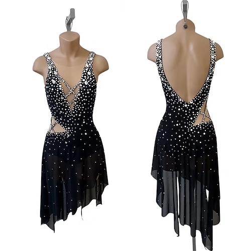 Eiskunstlaufkleid Damen Eislaufen Kleid Schwarz Patchwork Offener Rücken Dehnbar Training Wettbewerb Eiskunstlaufkleidung Klassisch Kristall / Strass Ärmellos Eislaufen Eiskundstlauf Image