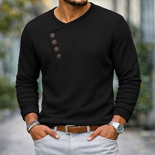 Herren Hemd Waffelhemd Popover-Hemd Kleidhemd Freizeithemd Schwarz Weiß Marineblau Purpur Langarm Einfach Asymmetrisch V Ausschnitt Lässig Hochzeit Bekleidung Elegant Mode Geschäftlich Modern Image