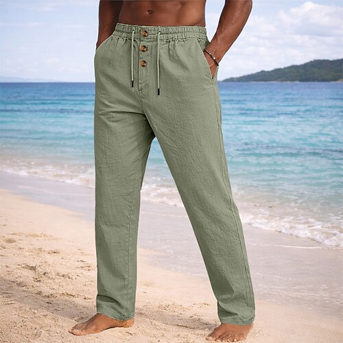 Herren Leinenhosen Hose Sommerhose Strandhose Kordelzug Elastischer Bund Gerader Schnitt Einfach Leicht Atmungsaktiv Volle Länge Lässig Täglich Strand Urlaub Mode Blau Schwarz Mikroelastisch Image