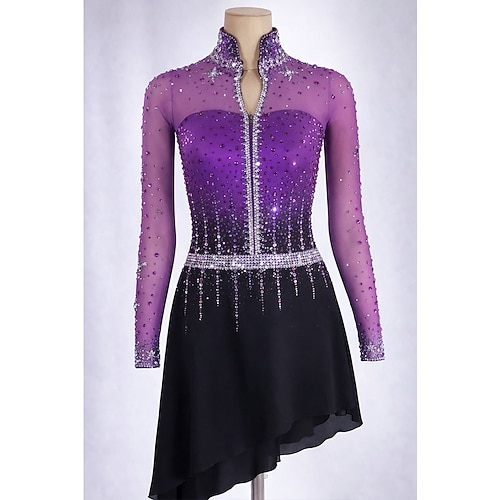 Eiskunstlauf Fleecejacke Eiskunstlaufkleid Damen Eislaufen Kleid Violett Patchwork Asymmetrischer Saum Dehnbar Training Wettbewerb Eiskunstlaufkleidung Klassisch Kristall / Strass Langarm Eislaufen Image