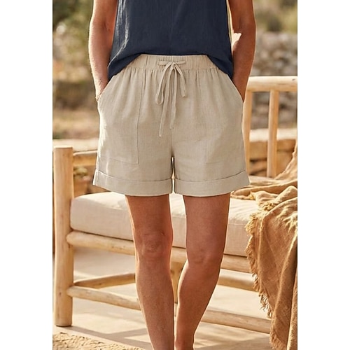 Damen Shorts aus Baumwollleinen Hose aus Baumwollleinen Chinos Shorts Basic Kurz Hohe Taille Einfach Tasche Elastischer Bund Bequem Weich Mikroelastisch Outdoor Straße Blau Schwarz Rosa Armeegrün Image