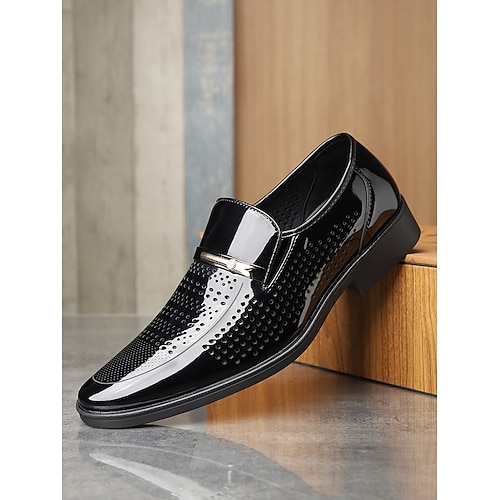Schwarze Herren-Slipper aus Kunstleder mit Lackfinish, elegante Slipper zum Hineinschlüpfen für Bräutigame und festliche Anlässe Image