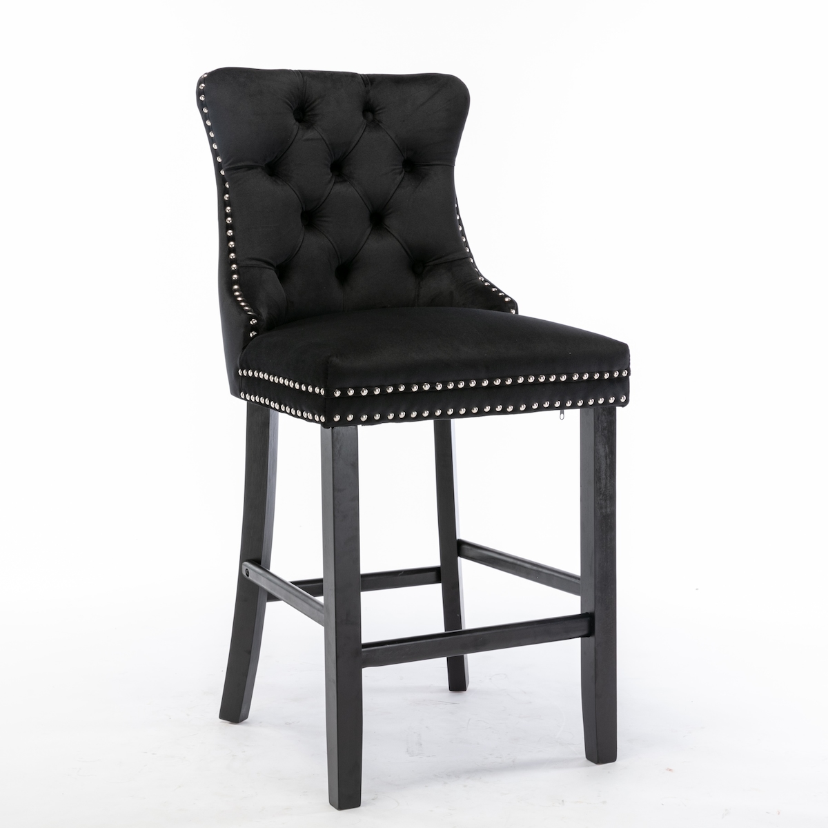 STILVORA Barhocker Set 2 Samt Schwarz mit hoher Rückenlehne Knopfheftung Ziernägeln Massivholzbeinen und höhenverstellbaren Fußgleitern, 104x50x47 cm Image