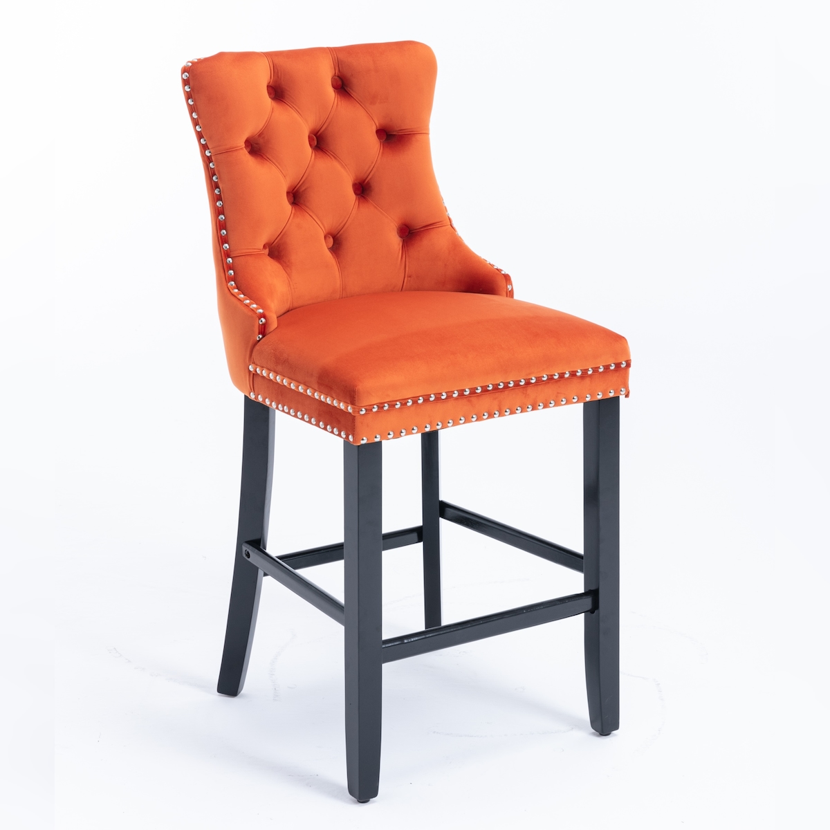 MODFU Barhocker Set 2 Samt Orange 104x50x47 cm mit hoher Rückenlehne Knopfheftung Nietenbesatz Massivholzbeinen bequem und elegant Image