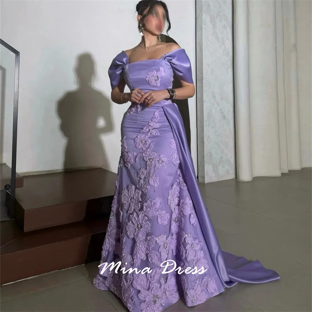 Mina Customized Purple Arabic Evening Dress Luxury Elegant Party Dresses Woman Long Distance Running 3D Flowers Sequins Prom