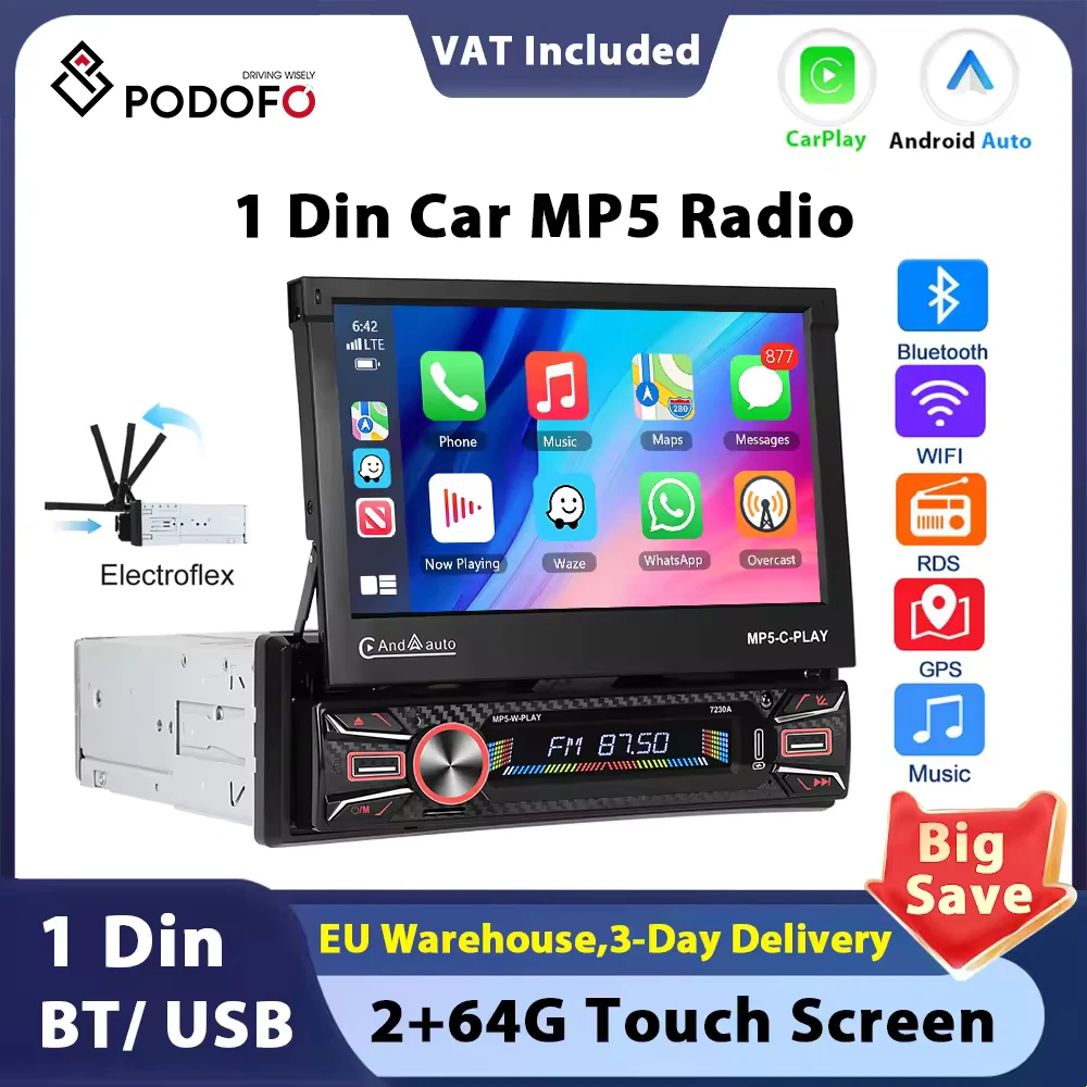 Autoradio Podofo 7\" Carplay 1DIN, Lettore Multimediale 2+64G, HD 1080P, Carplay, Android Auto, WIFI, GPS, FM/RDS, Android 2DIN