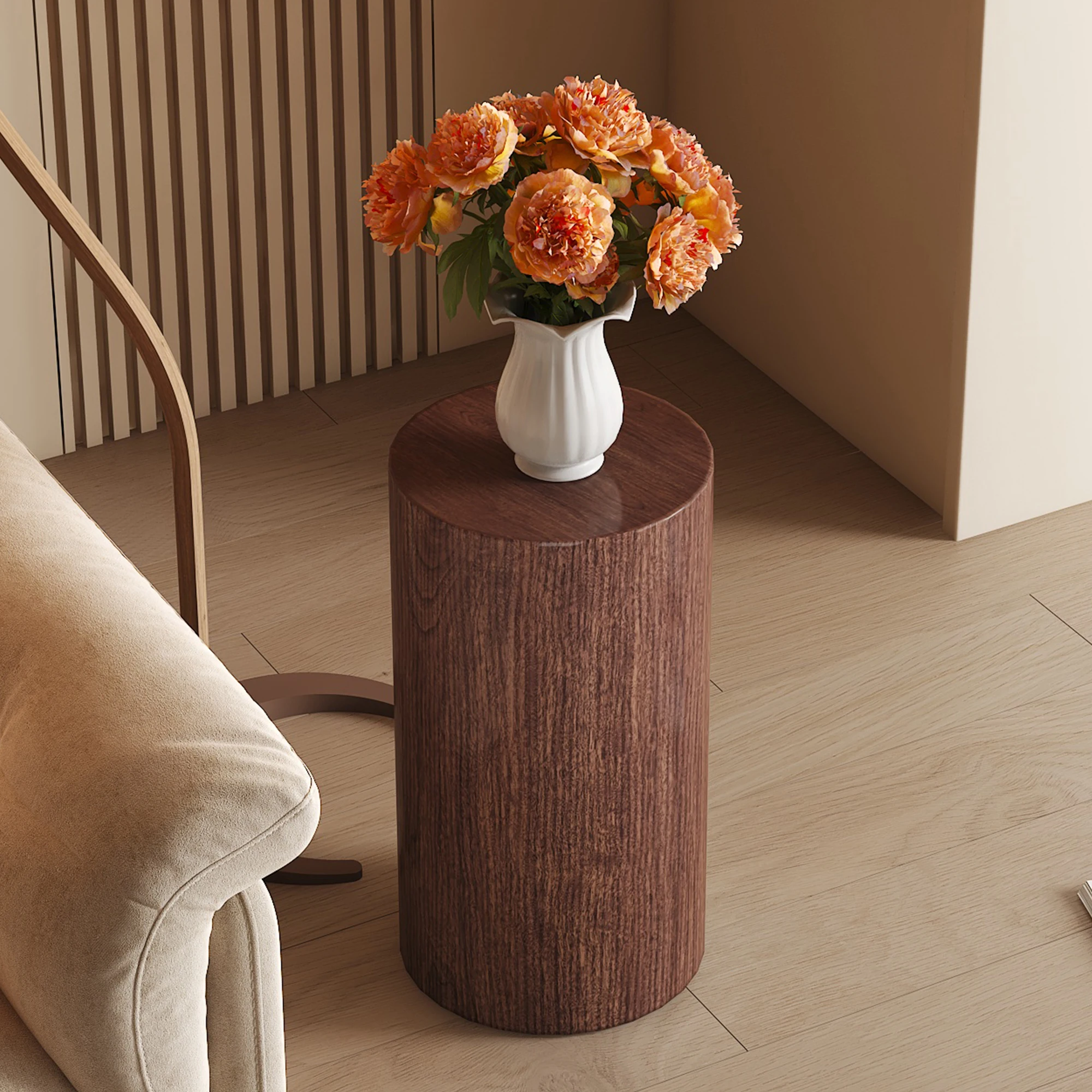 Eleganter runder Couchtisch aus Walnussholz-MDF – moderne Wohnzimmerdekoration mit minimalistischem Design. Kann als kleiner Beistelltisch verwendet werden