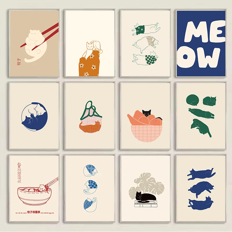 Minimalistische Katzenknödel, faule Katze, Illustration, abstrakte Linie, Poster, Leinwandgemälde, Wandkunst, Bild, Badezimmer, Heimdekoration Image