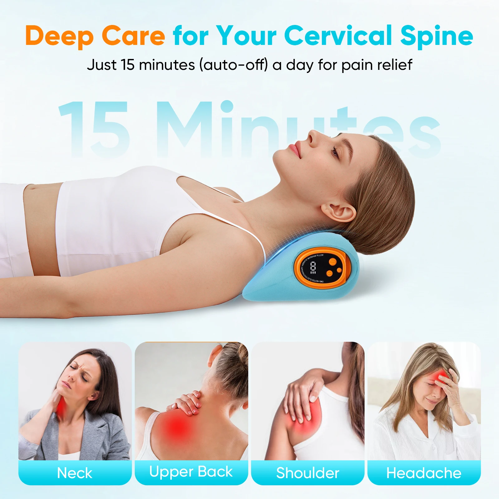 3-in-1 USB-Nackenmassagegerät mit EMS, Wärme und Vibration, Verstellbares Shiatsu-Kissen für Nacken-, Schulter- und Rückenschmerzen, Automatische Abschaltung Image