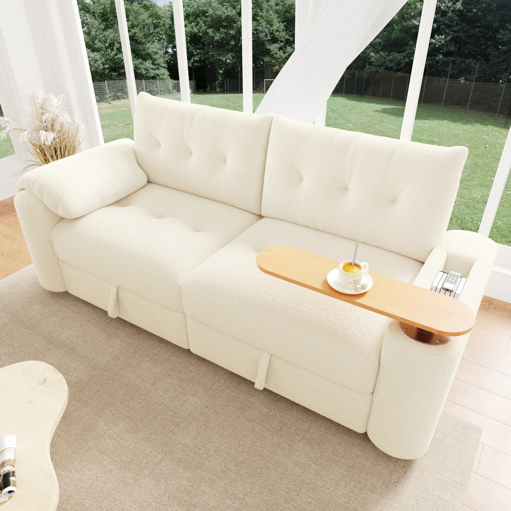 3-Sitzer Teddy-Plüsch Modulares Sofa mit Stauraum, Kopfstütze & Integriertem Beistelltisch, Platzsparendes Schlafsofa für Wohnzimmer