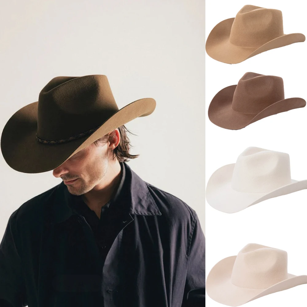 Cowboyhut Herbst und Winter neuer weißer Wollfilz-Cowboyhut Jazzhut Europäische und amerikanische Mode lässiger Curling-Cowboyhut