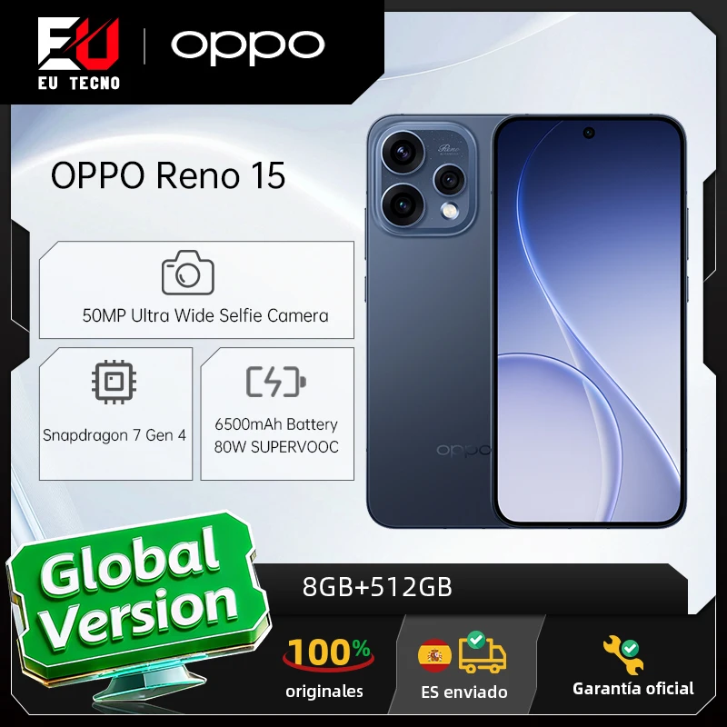 EU-Version Smartphone OPPO Reno15 5G 8 GB + 512 GB Blau, Snapdragon 7 Gen 4, 6500 mAh, 80 W, 6,59 Zoll, 50 MP OIS-Kamera, offizielle Garantie
