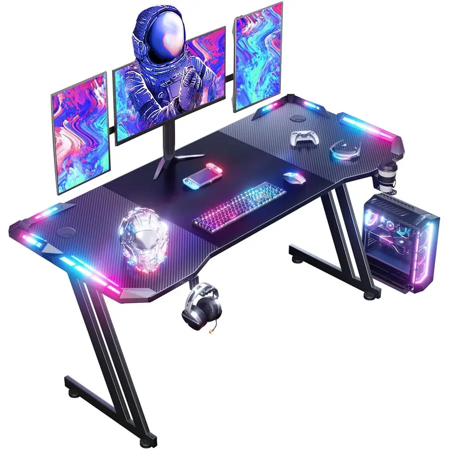 160 x 60 cm Gaming-Tisch, Gaming-Schreibtisch mit LED, PC-Tisch mit Carbonfaser-Oberfläche, Robuster Computertisch für Gaming mit Image