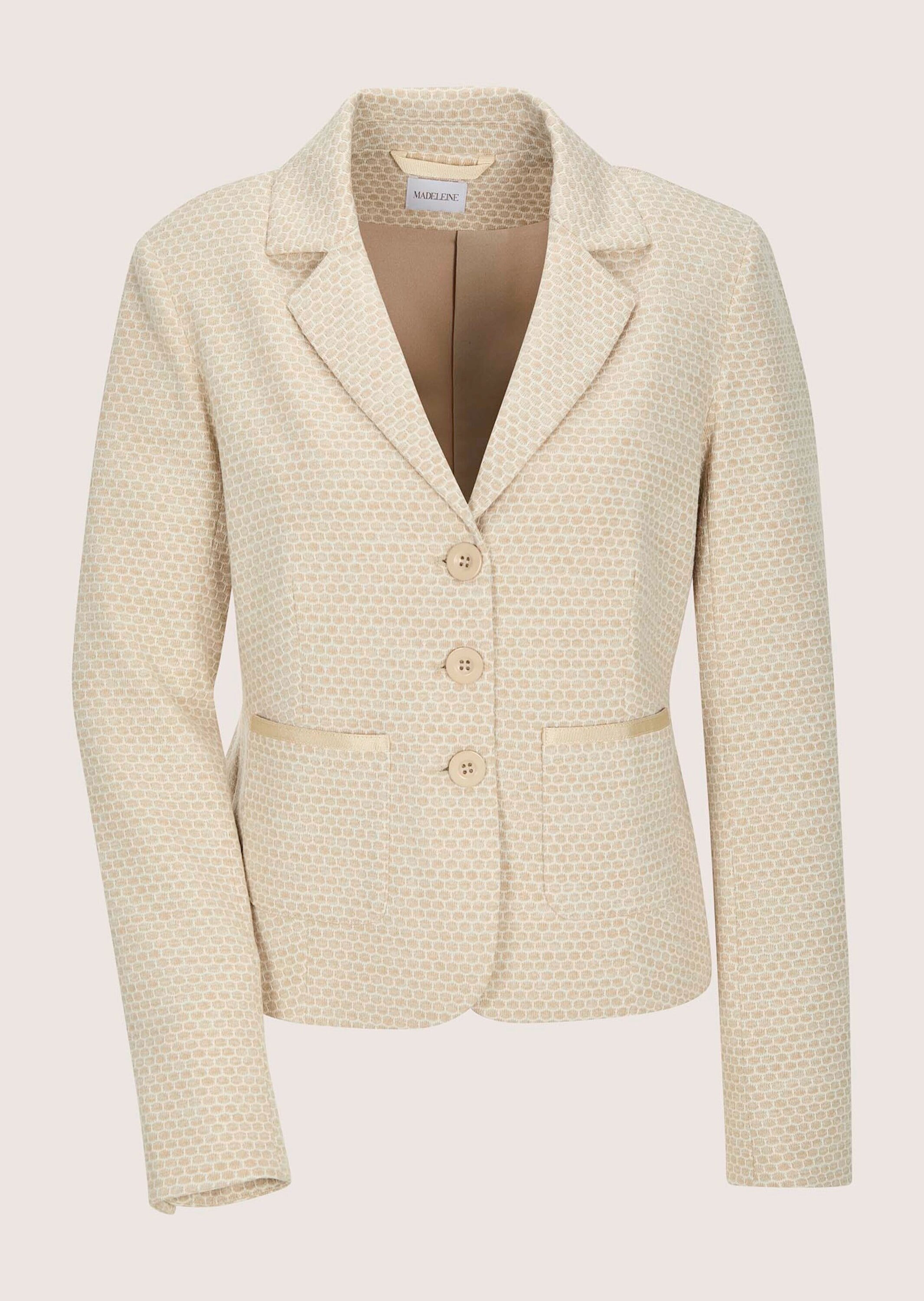 Jackenblazer MADELEINE "Jerseyblazer Kurzblazer mit Wabenmuster", Damen, Gr. 40, grau (kiesel, wollweiß), Obermaterial: 65% Polyester PES. 30% Viskose CV. 5% Elasthan EL., Modern, schmal, Blazer, Strukturjersey Image